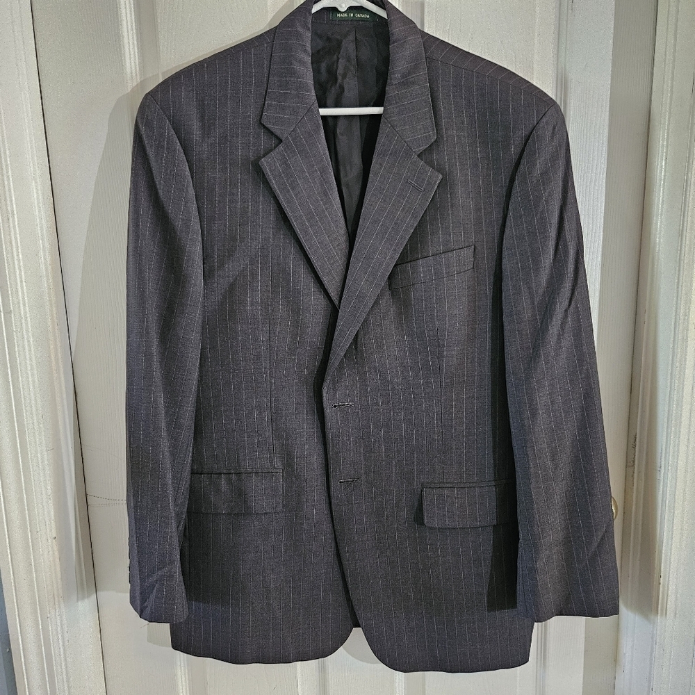 Lauren Ralph Lauren 100% Wool 2 Button Charcoal Pinstripe Jacket Made in Canada